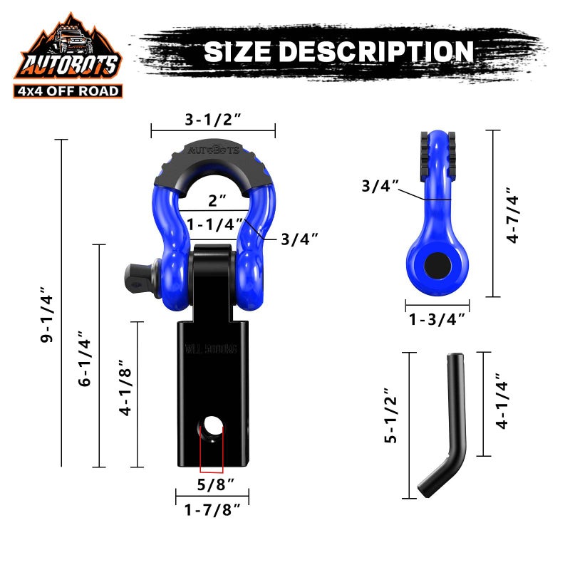 AUTOBOTS Tow Hitch Receiver 2", 45,000 Lbs Break Strength Shackle Hitch Receiver with 5/8" Screw Pin, 3/4 Shackle, Towing Accessories for Vehicle Trailer Recovery Off-Road Blue&Black - Image 4
